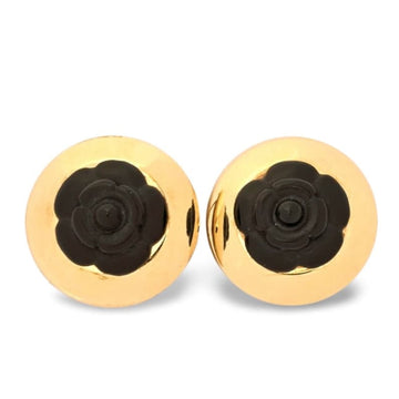 CHANEL Vintage large golden frame and black camellia, rose flower earrings