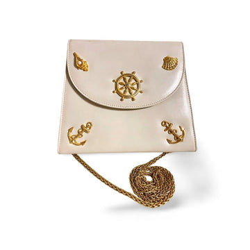 BALLY Vintage ivory white leather shoulder bag with chains and gold tone shell, ruddle, pearl, anchor motifs