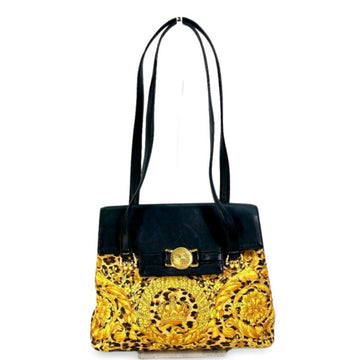 GIANNI VERSACE Vintage nylon and leather shoulder bag in leopard and golden gorgeous prints with sun burst motif