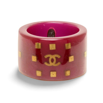 CHANEL Vintage purple pink thick plastic ring with gold tone square prints and CC mark
