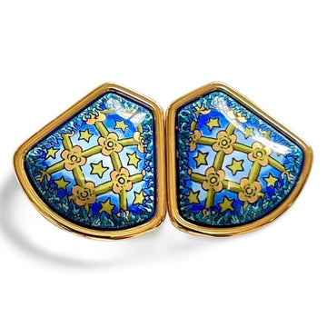 HERMES Vintage cloisonne enamel golden earrings with star and flower design on blue