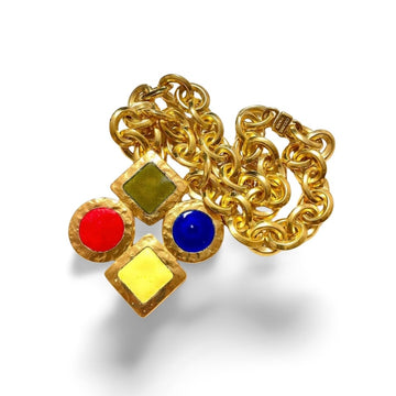 CELINE Vintage gold chain necklace with large colorful enamel pendant top
