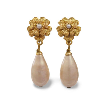 CHANEL Vintage white teardrop faux pearl earring and golden camellia motif