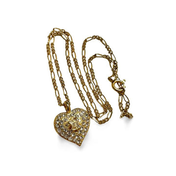 CELINE Vintage golden heart and logo with crystal pendant top skinny chain necklace