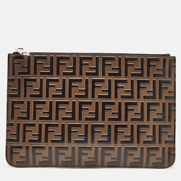 FENDI Tobacco/Black Zucca Embossed Leather Zip Pouch