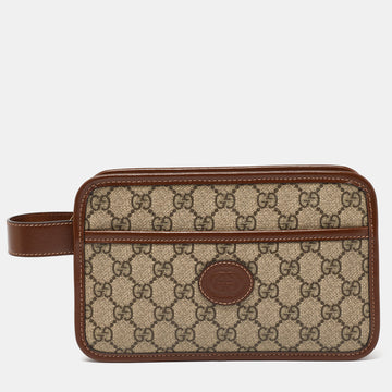 GUCCI Brown/Tan GG Supreme Canvas and Leather Pouch