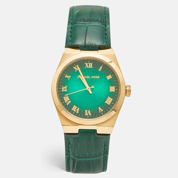 MICHAEL KORS Green Gold Plated Stainless Steel Leather Channing MK2356 Unisex Wristwatch 38 mm