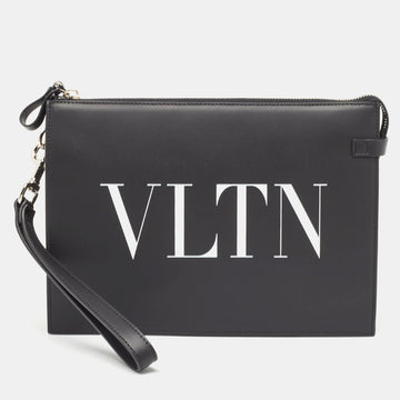 VALENTINO Black Leather VLTN Logo Wristlet Clutch