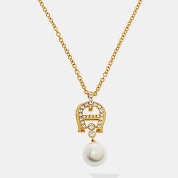 AIGNER Crystal Faux Pearl Gold Tone Long Pendant Necklace
