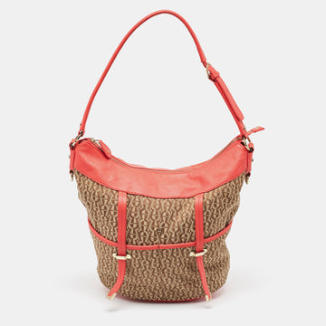 AIGNER Coral/Brown Monogram Canvas and Leather Bucket Bag