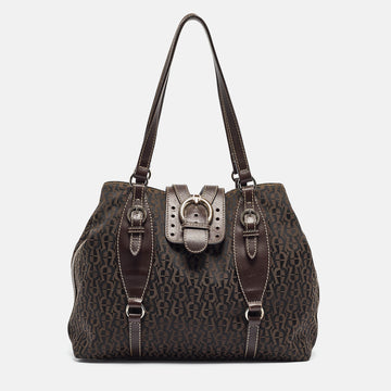 AIGNER Dark Brown Monogram Canvas and Leather Buckle Flap Tote