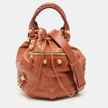 BALENCIAGA Brown Leather Mini GGH PomPon Bag