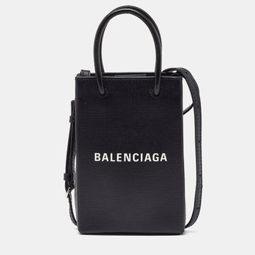 BALENCIAGA Black Leather Phone Holder Crossbody Bag