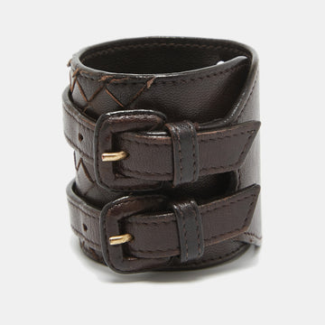 BOTTEGA VENETA Dark Brown Intrecciato Leather Double Buckle Wrap Bracelet