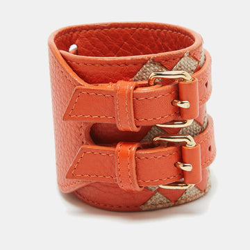 BOTTEGA VENETA Orange/Beige Intrecciato Leather and Jute Double Buckle Wrap Bracelet