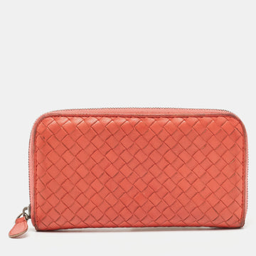 BOTTEGA VENETA Coral Red Intrecciato Leather Zip Around Wallet