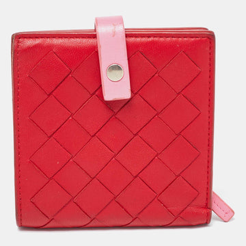 BOTTEGA VENETA Red/Pink Intrecciato Leather French Compact Wallet