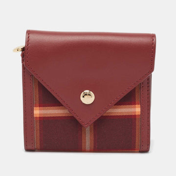 BURBERRY Burgundy Tartan Check Nylon and Leather Lila Trifold Compact Wallet