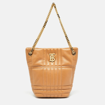 BURBERRY Marple Brown Embossed Check Leather Small Lola Bucket Bag