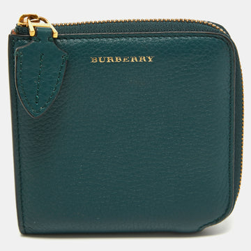 BURBERRY Green Leather Square Zip Around Compact Wallet