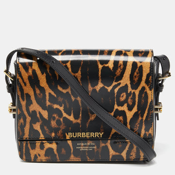 BURBERRY Black/Beige Leopard Print Leather Small Grace Crossbody Bag