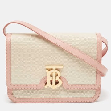 BURBERRY Cream/Pink Canvas and Leather Small TB Shoulder Bag
