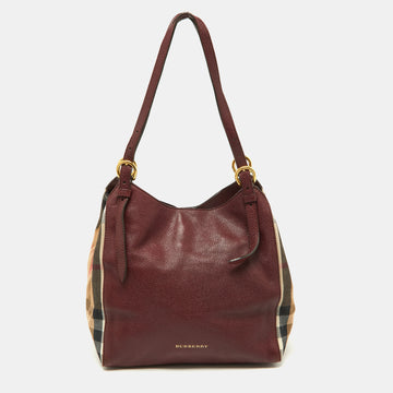 BURBERRY Burgundy/Beige House Check Fabric and Leather Small Canterbury Tote
