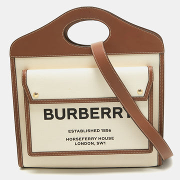 BURBERRY Dark Brown/Beige Canvas and Leather Medium Pocket Bag