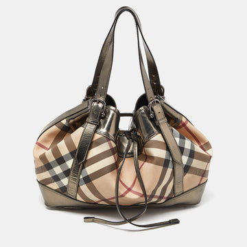 BURBERRY Metallic/Beige Nova Check Coated Canvas and Patent Leather Beaton Drawstring Bag