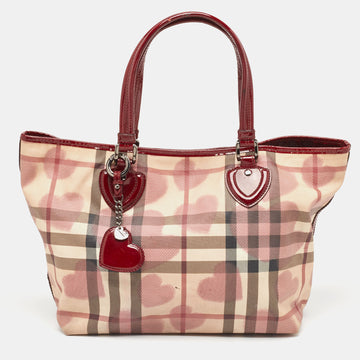 BURBERRY Burgundy/Beige Heart Print Check PVC and Patent Leather Brit Tote