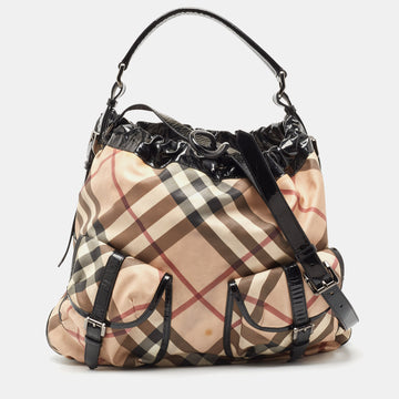 BURBERRY Black/Beige Supernova Coated Canvas and Patent Leather Drawstring Double Pocket Hobo