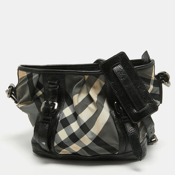 BURBERRY Black/White Beat Check Nylon and Patent Leather Lowry Shoulder Bag