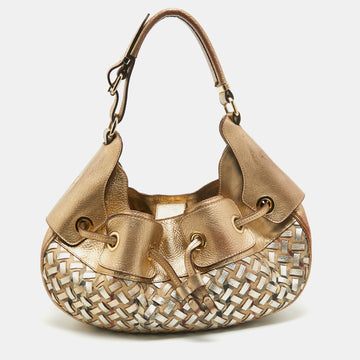 BURBERRY Gold/Beige House Check PVC and Leather Mini Warrior Hobo