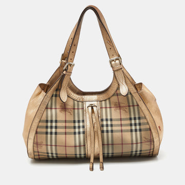 BURBERRY Beige/Gold Haymarket Check PVC and Leather Hobo