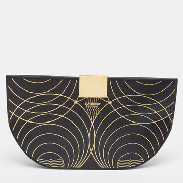 BURBERRY Black/Gold Printed Leather Olympia Wristlet Clutch