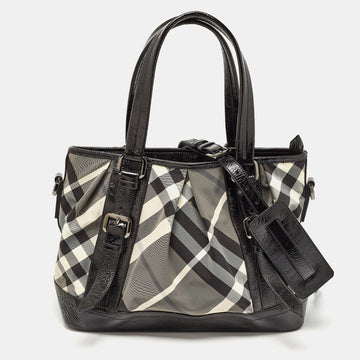 BURBERRY Black/Grey Beat Check Nylon and Patent Leather Lowry Tote