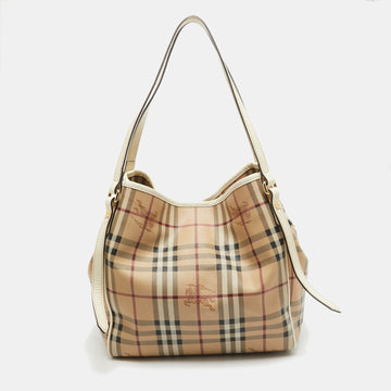 BURBERRY Beige/White Haymarket Check Coated Canvas and Patent Leather Small Canterbury Tote