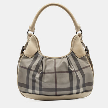 BURBERRY Light Beige Smoked Check Coated Canvas and Leather Small Brooklyn Hobo