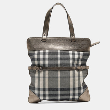BURBERRY Metallic House Check Canvas and Leather Flat Tote