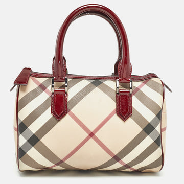 BURBERRY Beige/Red Nova Check PVC and Patent Leather Chester Boston Bag
