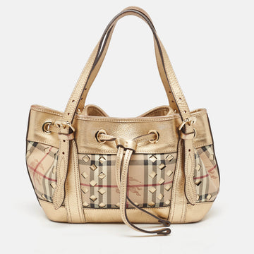 BURBERRY Gold/Beige Haymarket Check Laser Cut Coated Canvas and Leather Drawstring Tote