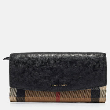 BURBERRY Black/Beige House Check Canvas and Leather Flap Continental Wallet