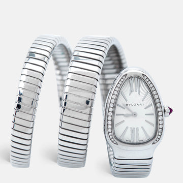 BVLGARI Silver Opaline Guilloche Soleil Stainless Steel Diamond Serpenti Tubogas 101910 Women's Wristwatch 35 mm