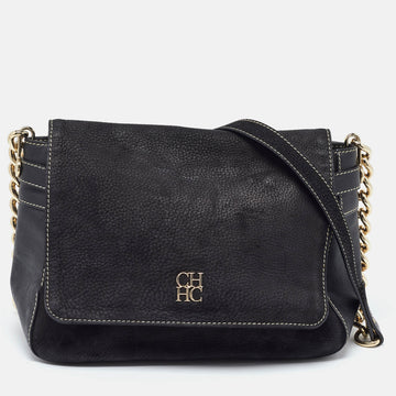CAROLINA HERRERA Black Nubuck and Leather Chain Flap Shoulder Bag