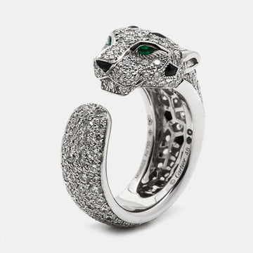 CARTIER Panthere De  Diamond Onyx Emerald 18K White Gold Cocktail Ring Size 48
