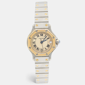 CARTIER Cream 18k Yellow Gold Stainless Steel Santos de  187903 Women's Wristwatch 25 mm