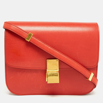 CELINE Coral Red Leather Medium Classic Box Shoulder Bag