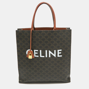 CELINE Dark Brown Triomphe Coated Canvas and Leather Medium Vertical Cabas Tote