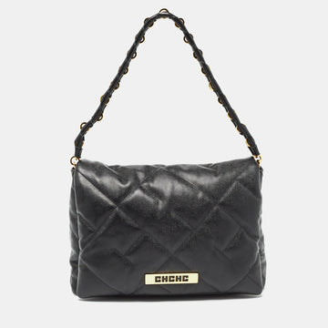 CH CAROLINA HERRERA Black Quilted Leather Medium Bimba Soft Shoulder Bag