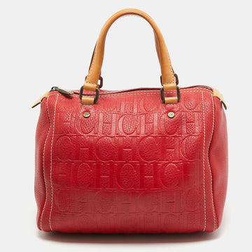 CH CAROLINA HERRERA Red Monogram Embossed Leather Andy Boston Bag